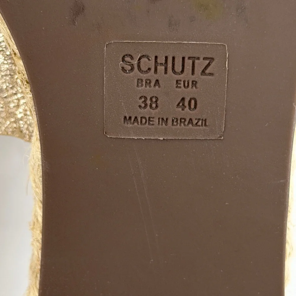 Schutz Gold Metallic Leather Double Strap Espadrille Platform Slides‎ Size 9 40